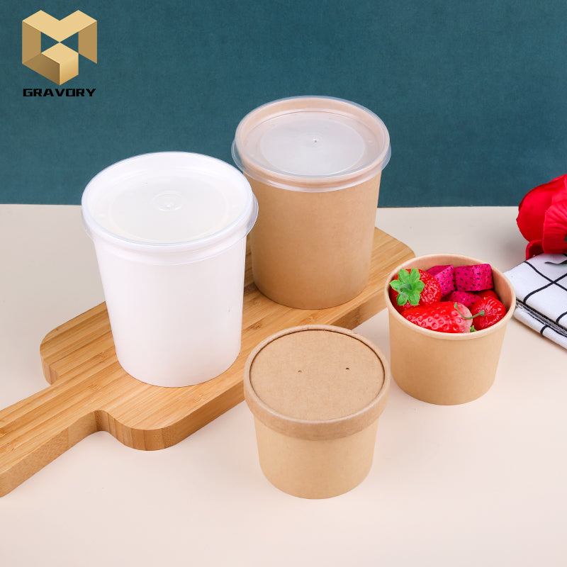 Disposable Kraft Paper Soup Containers with Plastic Lids - Kraft